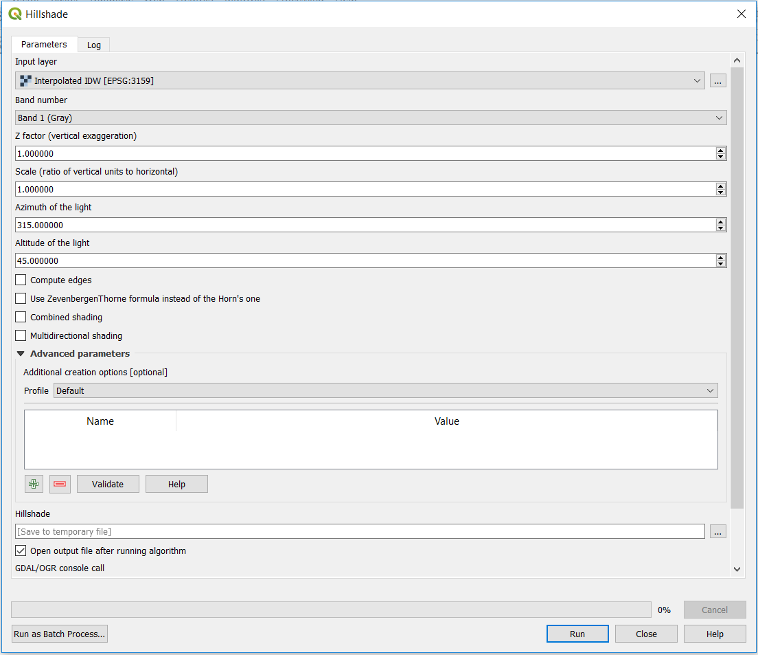 Hillshade Parameters GDAL